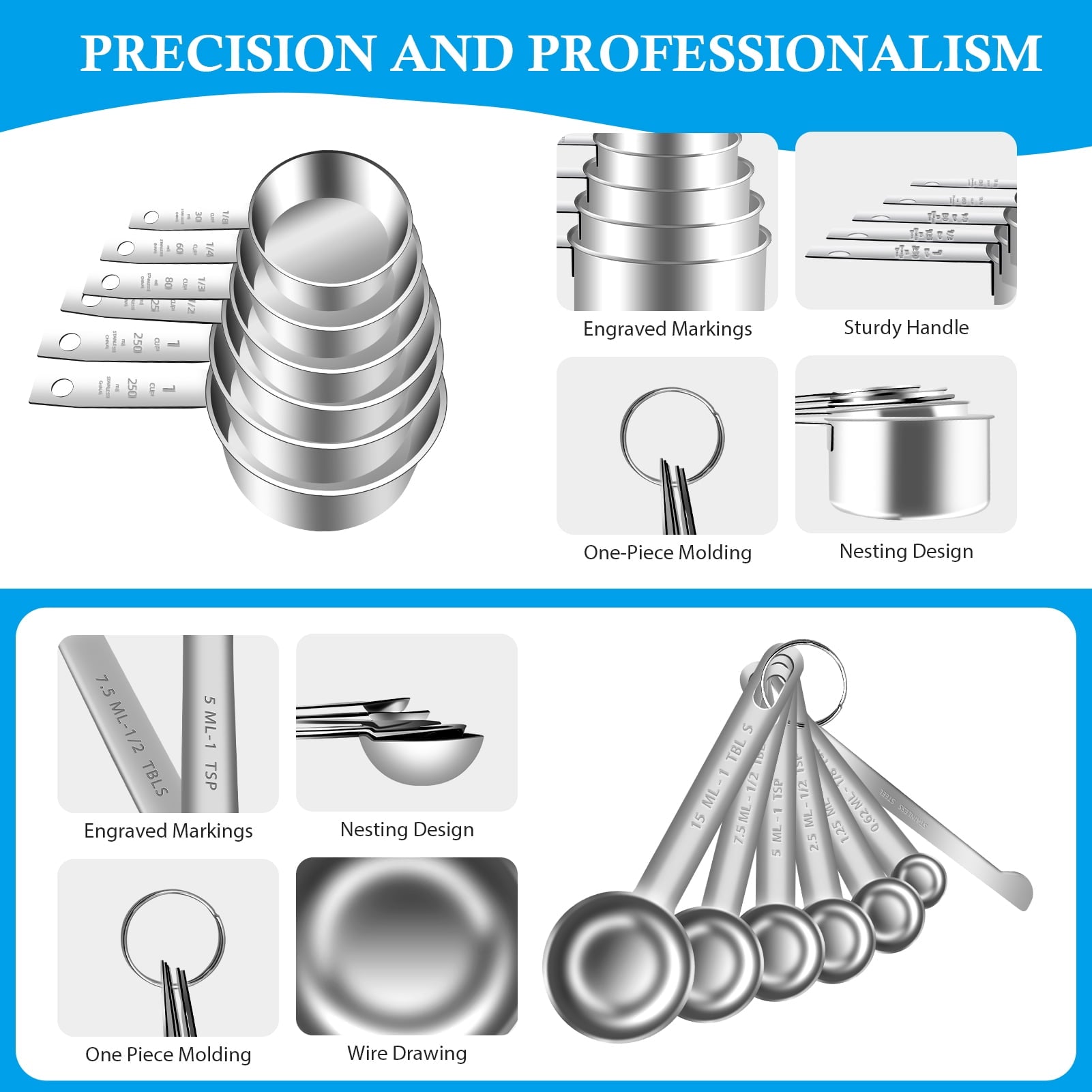 Godance 16-Piece Measuring Cups and Spoons Set, Nesting Stainless Steel Measuring Cups Spoons with 3 Plastic Measurin... - Image 4