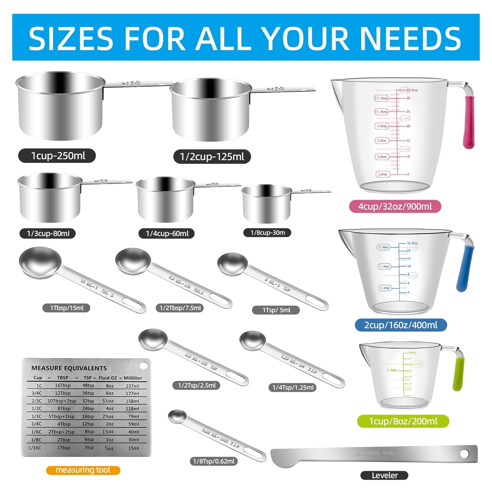 Godance 16-Piece Measuring Cups and Spoons Set, Nesting Stainless Steel Measuring Cups Spoons with 3 Plastic Measurin... - Image 2