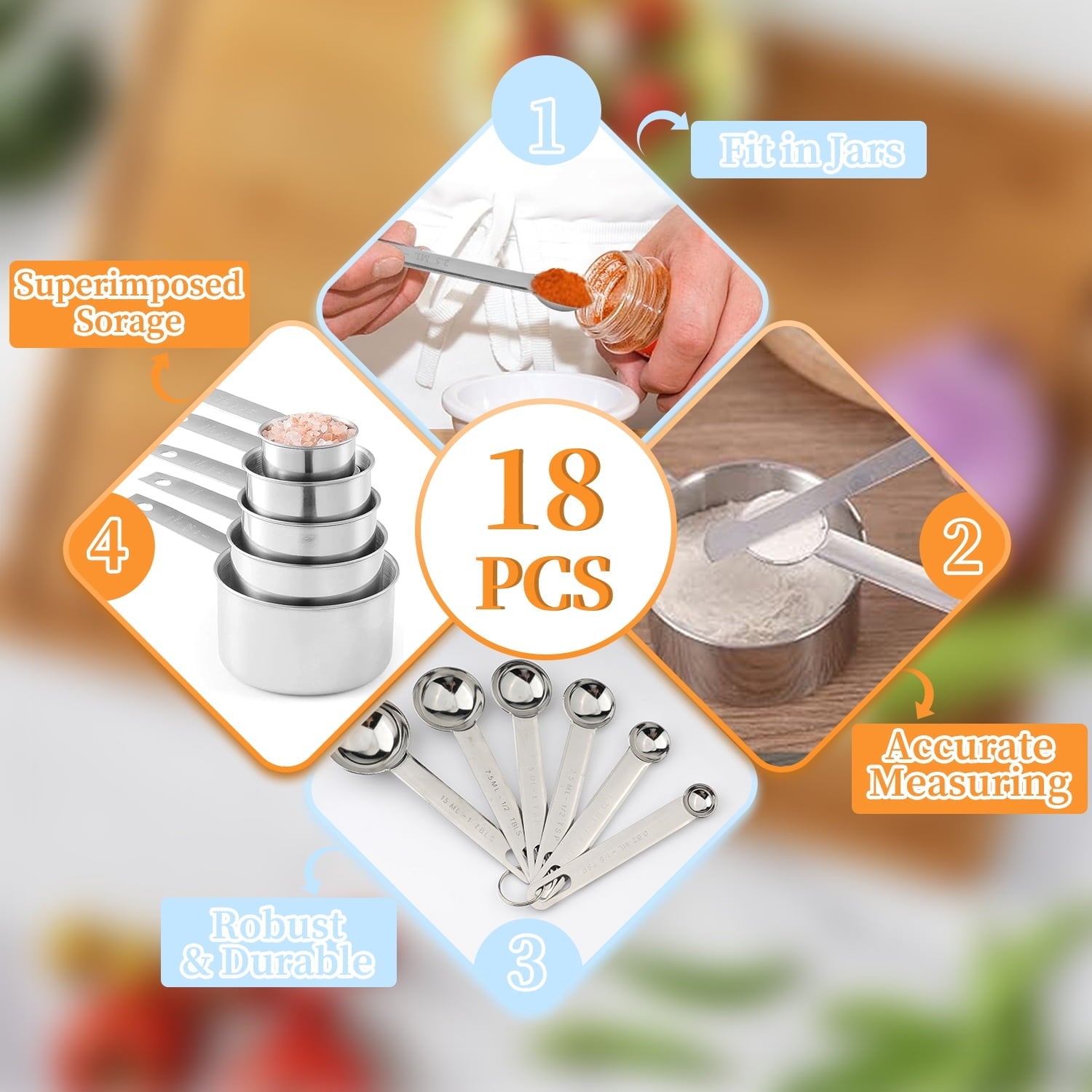 WEPSEN 18-Piece Stainless Steel Measuring Cups and Spoons Set,5 Stainless Steel Nesting Measuring Cups & 6 Spoons,1 L... - Image 3