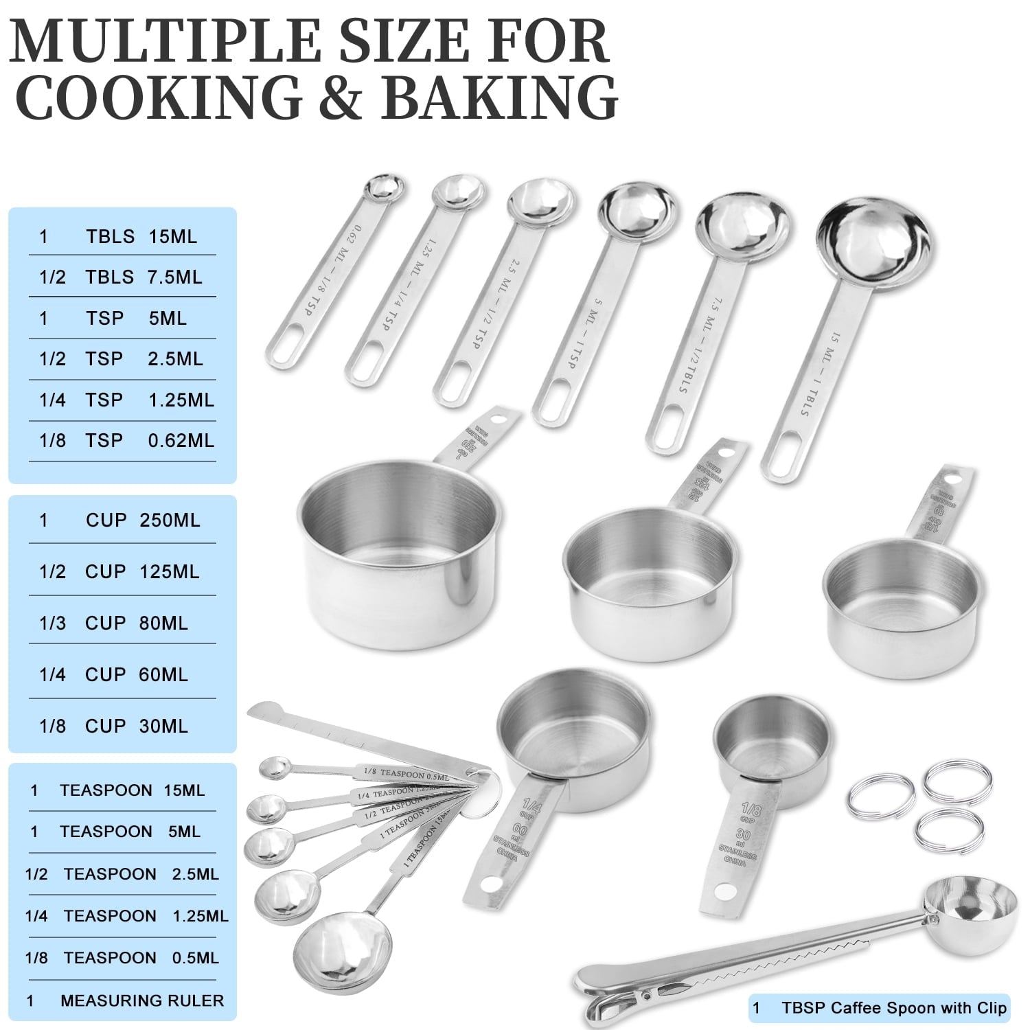 WEPSEN 18-Piece Stainless Steel Measuring Cups and Spoons Set,5 Stainless Steel Nesting Measuring Cups & 6 Spoons,1 L... - Image 2