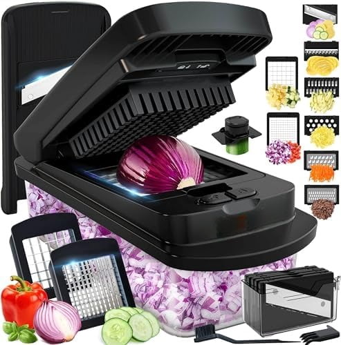 Pro-Series 10-in-1, 8 Blade Vegetable Chopper, Mandoline Slicer, Onion Mincer, Cutter, Dicer, Veggie Chopper with Con...