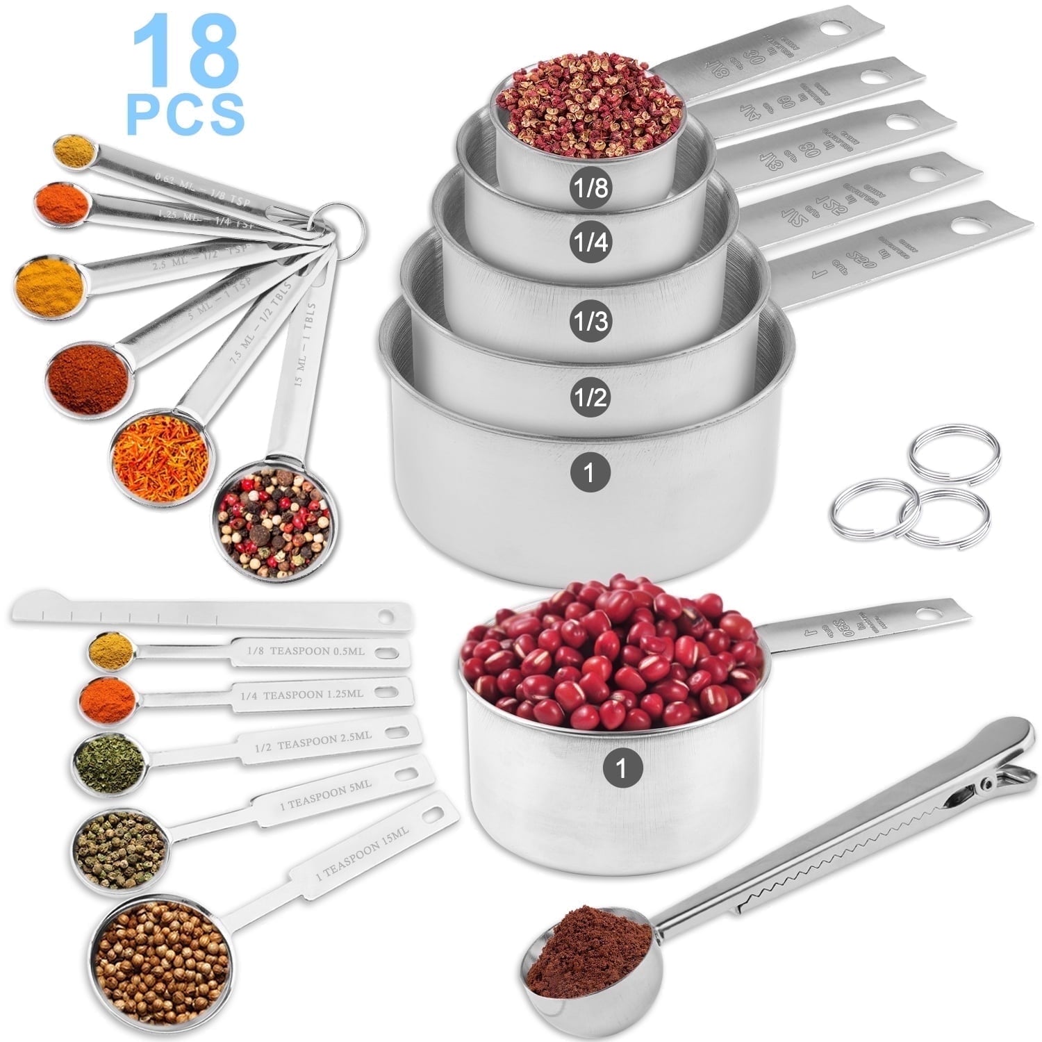 WEPSEN 18-Piece Stainless Steel Measuring Cups and Spoons Set,5 Stainless Steel Nesting Measuring Cups & 6 Spoons,1 L...