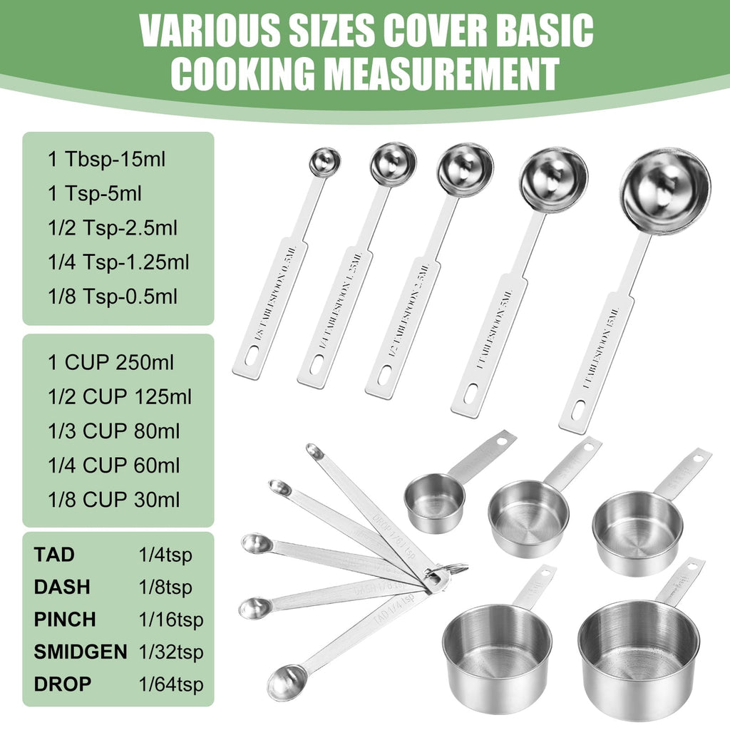 LUIISIS Measuring Cups and Spoons Set of 16, 5 Stainless Steel Nesting Measuring Cups & 5 Spoons, 1 + Leveler & 5 Min... - Image 6